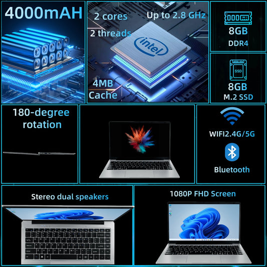 Ultra Slim 14.1 Inch Laptop Intel Celeron N4500 8GB RAM 256GB SSD Windows 11 Portable Business Laptop for Office Work
