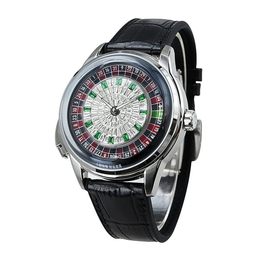 For Sport Analog European Button Roulette Fun Game Mineral Glass Mechanical Watch Diamond Casino Leather Men's Wristwatch