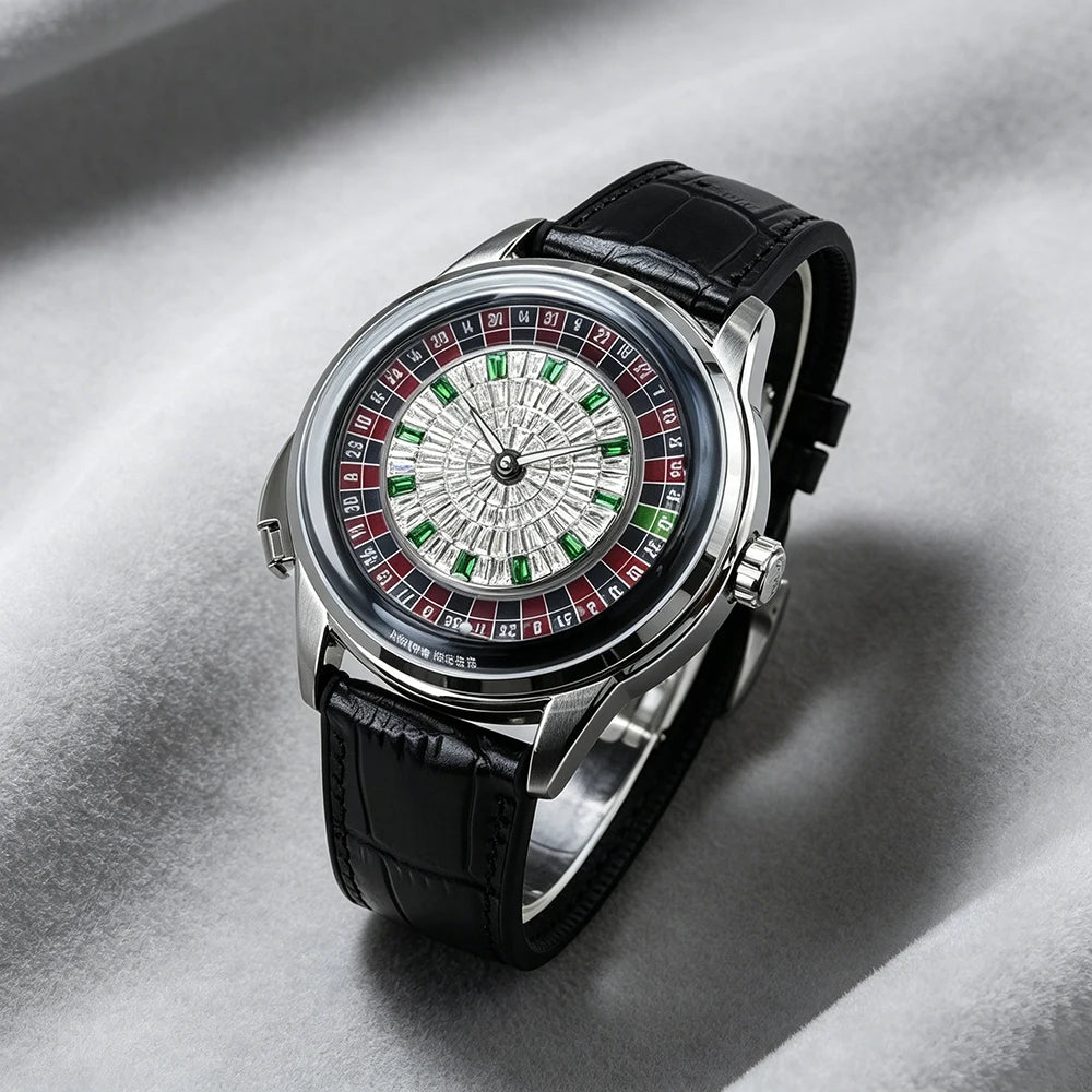 For Sport Analog European Button Roulette Fun Game Mineral Glass Mechanical Watch Diamond Casino Leather Men's Wristwatch
