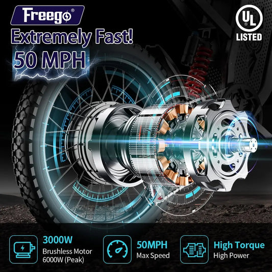 Motocicleta Eléctrica Todoterreno Freego X2, Motor de 6000W, Batería Extraíble de 60V 30Ah, Velocidad Máxima de 50 mph, Neumáticos de 19" x 2", Certificaciones UL