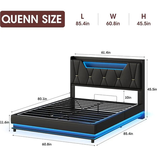 Cama con almacenamiento Vabches tamaño Queen, tablero de almacenamiento, estación de carga, luces LED, plataforma tapizada, no necesita somier