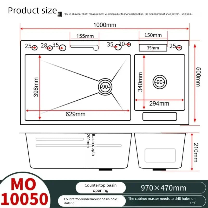 Fregadero de Cocina de Acero Inoxidable de 100x50CM, Fregadero Doble Grande Multifuncional con Catalizador de Agua para Purificar Ingredientes y Lavar Vegetales