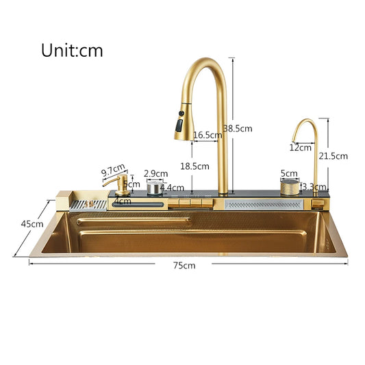 Juego de fregadero de cocina integrado con pantalla Digital inteligente dorada cepillada, purificador de agua de cascada/lluvia, dispensador de jabón, lavadora de tazas