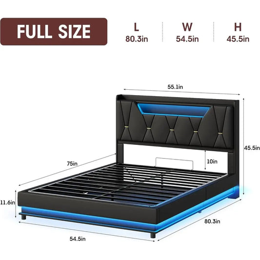 Cama con Almacenamiento Iluminada con Estación de Carga, Luces LED, Diseño de Plataforma Tapizada, No Requiere Somier, Funcionamiento Silencioso