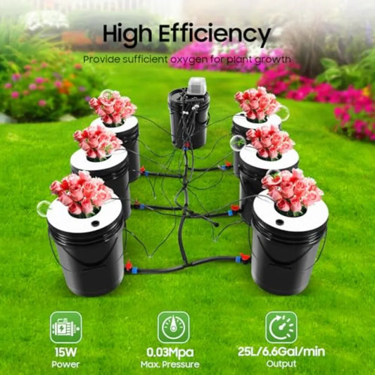 Sistema Hidropónico de 5 Galones, Cultivo en Agua Profunda de 7 Cubetas con Goteo Recirculante para Jardinería Interior en Balcón, RDWC 1+6 + Top Fee