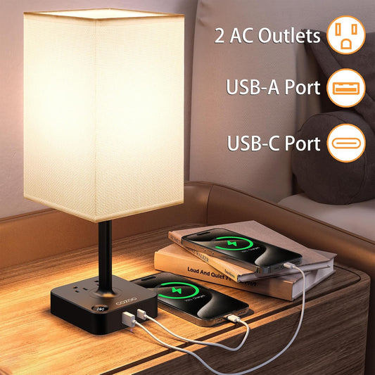 Table Lamp Dimmable USB Bedside Table Desk Lamp with 2 USB Charging Port(A+C) 2 Outlet,Nightstand Lamp with Charger Base White Fabric Shade,Led Touch Lamp for Bedroom/Livingroom/Dorm/Home Office