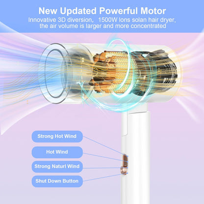 Flintronic Secador De Pelo, Secador De Pelo Iónico Profesional Poderoso De 1500 W, Secador De Viaje Con Mango Plegable, 3 Ajustes De Calor, Secado Rápido, Para Peinados De Hombres Mujeres Múltiples