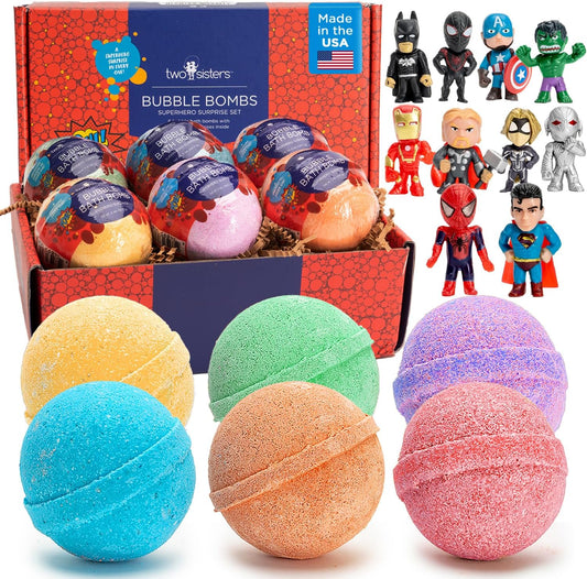 Superhero Bath Bombs for Kids with Surprise Toys inside (6 Pack) - Large Bubble Bomb Fizzies for Boys, Girls, & Toddlers - Birthday Gift for Kids - Fruity Scent, USA Made by