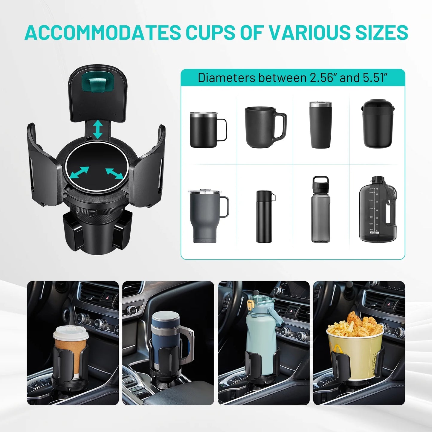 Car Cup Holder Expander, Adjustable Car Cup Holder Fits for 2.5"-5.5" Water Bottles, Coffee Mugs, Cans