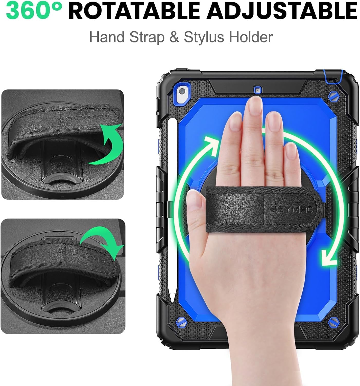 for Ipad 9Th/8Th/7Th Generation Case 10.2" 2021-2019, Full-Body Shockproof Heavy Duty Protective Case with Screen Protector, Rotating Stand/Handle/Shoulder Strap for Ipad 10.2, Black/Blue