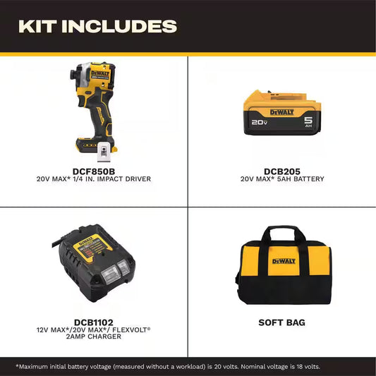 ATOMIC 20V MAX Lithium-Ion Cordless 1/4 In. Brushless Impact Driver Kit, 5 Ah Battery, Charger, and Bag