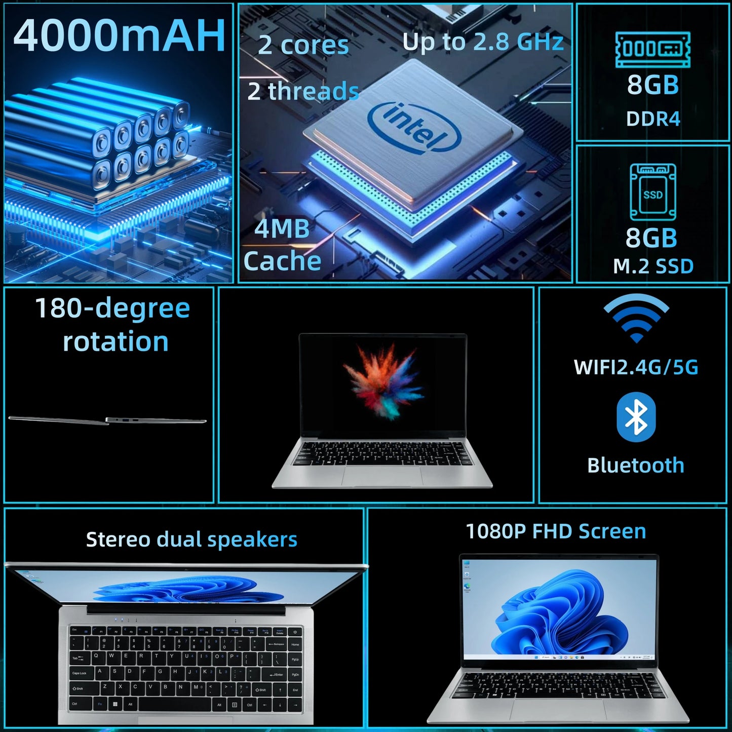 Ultra Slim 14.1 Inch Laptop Intel Celeron N4500 8GB RAM 256GB SSD Windows 11 Portable Business Laptop for Office Work