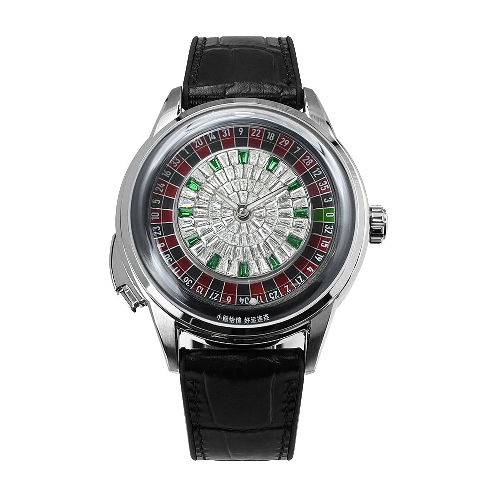 For Sport Analog European Button Roulette Fun Game Mineral Glass Mechanical Watch Diamond Casino Leather Men's Wristwatch