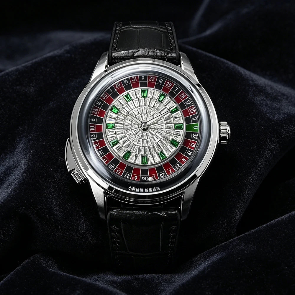 For Sport Analog European Button Roulette Fun Game Mineral Glass Mechanical Watch Diamond Casino Leather Men's Wristwatch