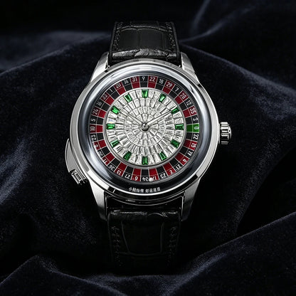 For Sport Analog European Button Roulette Fun Game Mineral Glass Mechanical Watch Diamond Casino Leather Men's Wristwatch