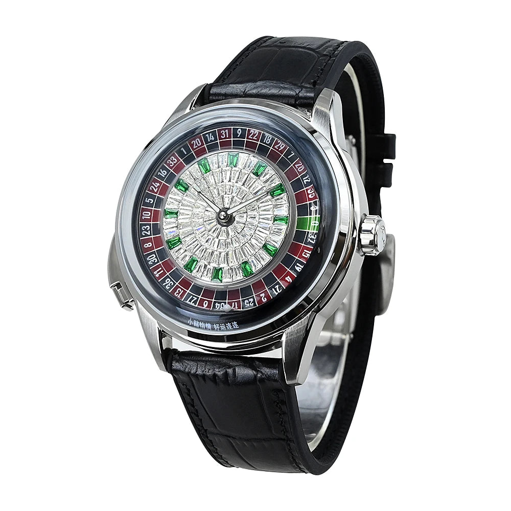 For Sport Analog European Button Roulette Fun Game Mineral Glass Mechanical Watch Diamond Casino Leather Men's Wristwatch