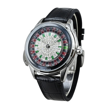 For Sport Analog European Button Roulette Fun Game Mineral Glass Mechanical Watch Diamond Casino Leather Men's Wristwatch