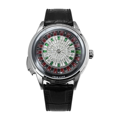 For Sport Analog European Button Roulette Fun Game Mineral Glass Mechanical Watch Diamond Casino Leather Men's Wristwatch