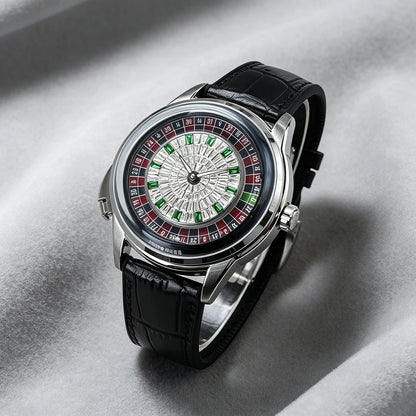 For Sport Analog European Button Roulette Fun Game Mineral Glass Mechanical Watch Diamond Casino Leather Men's Wristwatch