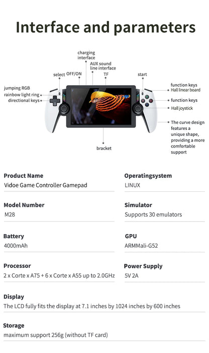 M28 Octa-core 7.1 Inch Large Screen Video Gampad Linux System 4000mAh Battery Handheld Game Console Support PS2 Emulator
