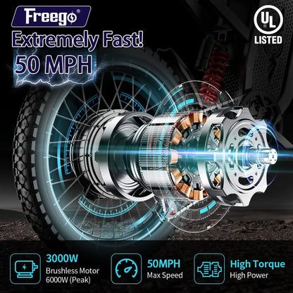 Motocicleta Eléctrica Todoterreno Freego X2, Motor de 6000W, Batería Extraíble de 60V 30Ah, Velocidad Máxima de 50 mph, Neumáticos de 19" x 2", Certificaciones UL