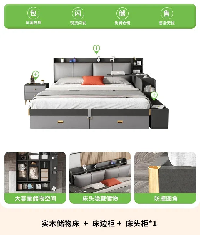 Cama Doble Ergonómica de Diseño Moderno y Glamuroso, con Espacio de Almacenamiento, Segura para Dormir, con Escritorio, Camas de Casal, Muebles de Hotel