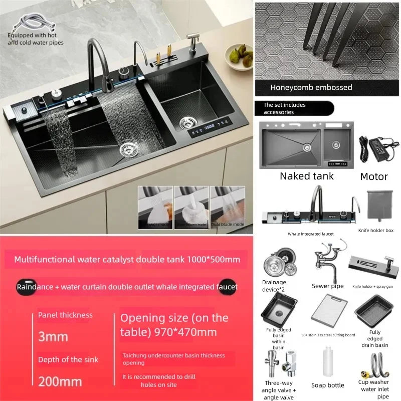 Fregadero de Cocina de Acero Inoxidable de 100x50CM, Fregadero Doble Grande Multifuncional con Catalizador de Agua para Purificar Ingredientes y Lavar Vegetales