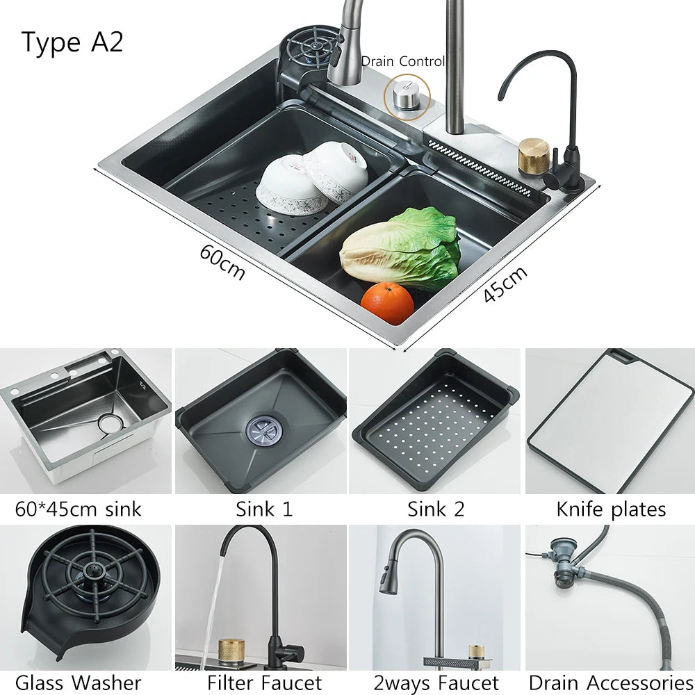 Fregadero de cocina de cascada de acero inoxidable 304, juego de grifería con pantalla Digital integrada de ranura única grande, dispensador de jabón, lavadora de tazas