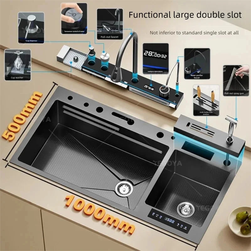 Fregadero de Cocina de Acero Inoxidable de 100x50CM, Fregadero Doble Grande Multifuncional con Catalizador de Agua para Purificar Ingredientes y Lavar Vegetales
