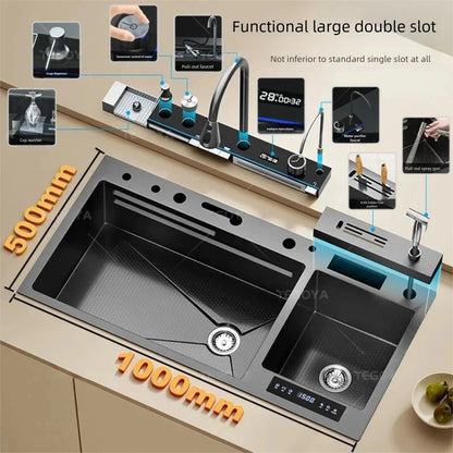 Fregadero de Cocina de Acero Inoxidable de 100x50CM, Fregadero Doble Grande Multifuncional con Catalizador de Agua para Purificar Ingredientes y Lavar Vegetales