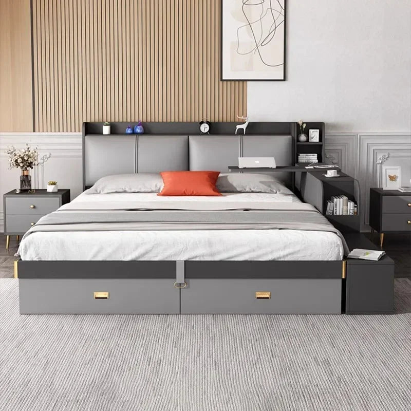Cama Doble Ergonómica de Diseño Moderno y Glamuroso, con Espacio de Almacenamiento, Segura para Dormir, con Escritorio, Camas de Casal, Muebles de Hotel
