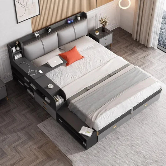 Cama Doble Ergonómica de Diseño Moderno y Glamuroso, con Espacio de Almacenamiento, Segura para Dormir, con Escritorio, Camas de Casal, Muebles de Hotel