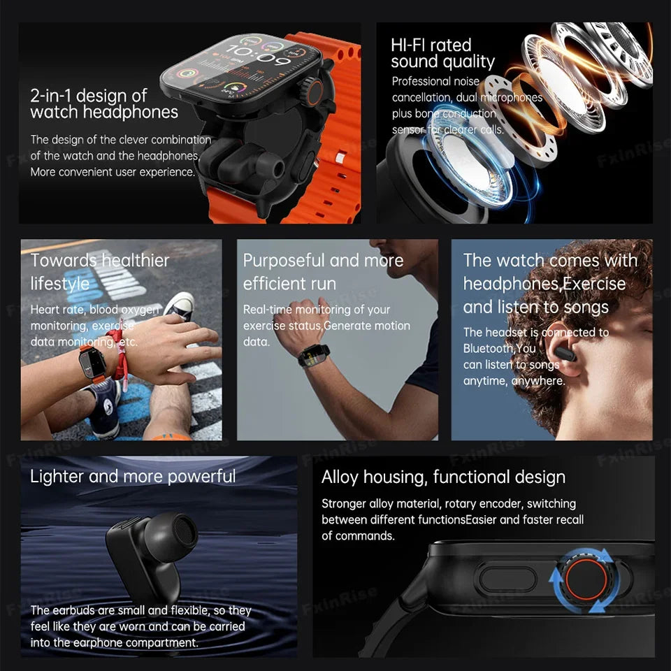 Reloj inteligente 2 en 1 GT8 con pantalla completa táctil Bluetooth con auriculares reloj inteligente monitor de ritmo cardíaco y presión arterial reloj deportivo