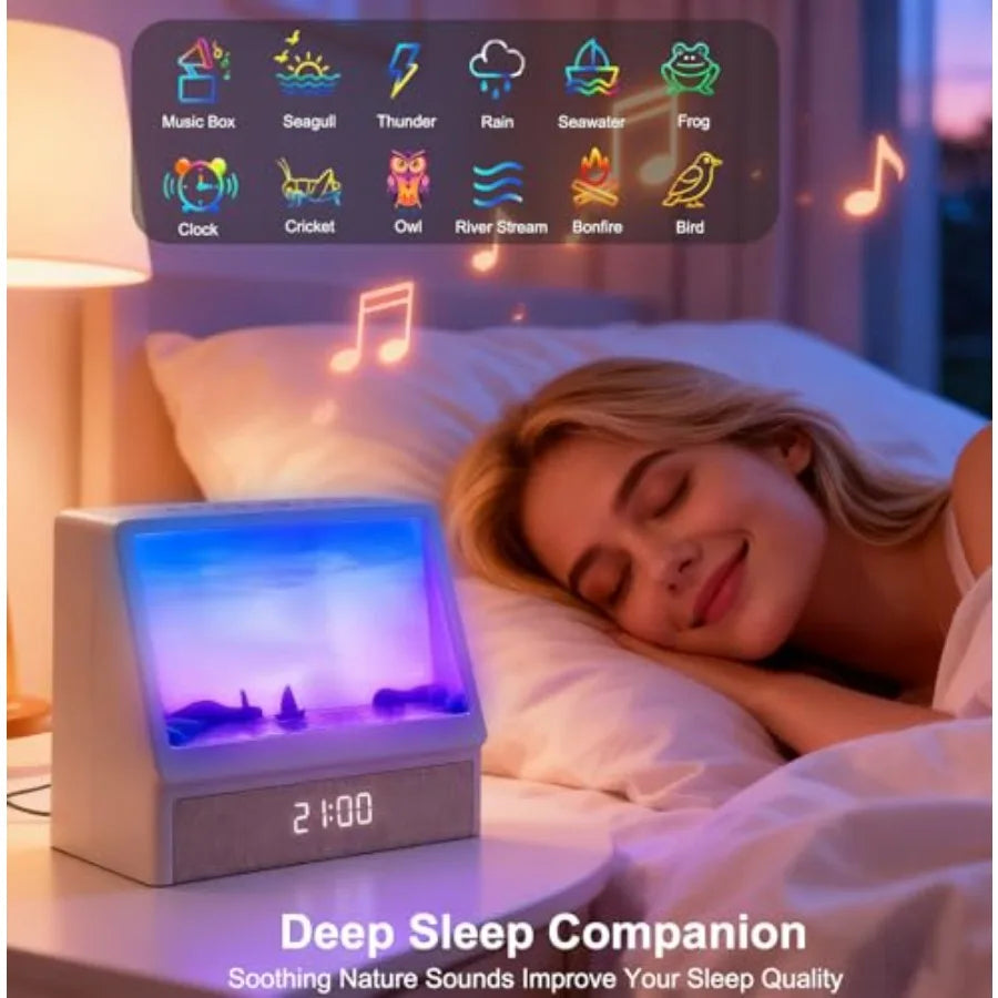 Despertador con Simulación de Amanecer para Dormitorios, Máquina de Ruido Blanco con Animación Creativa de Amanecer Simulado, 7 Modos, 12 Sonidos Naturales, Música