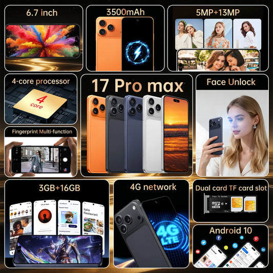 IVMI Global 17 Pro Max Smartphone Android10 3GB RAM 16GB ROM 6.7'' Doble tarjeta SIM GPS Desbloqueo facial Teléfonos móviles con red 4G
