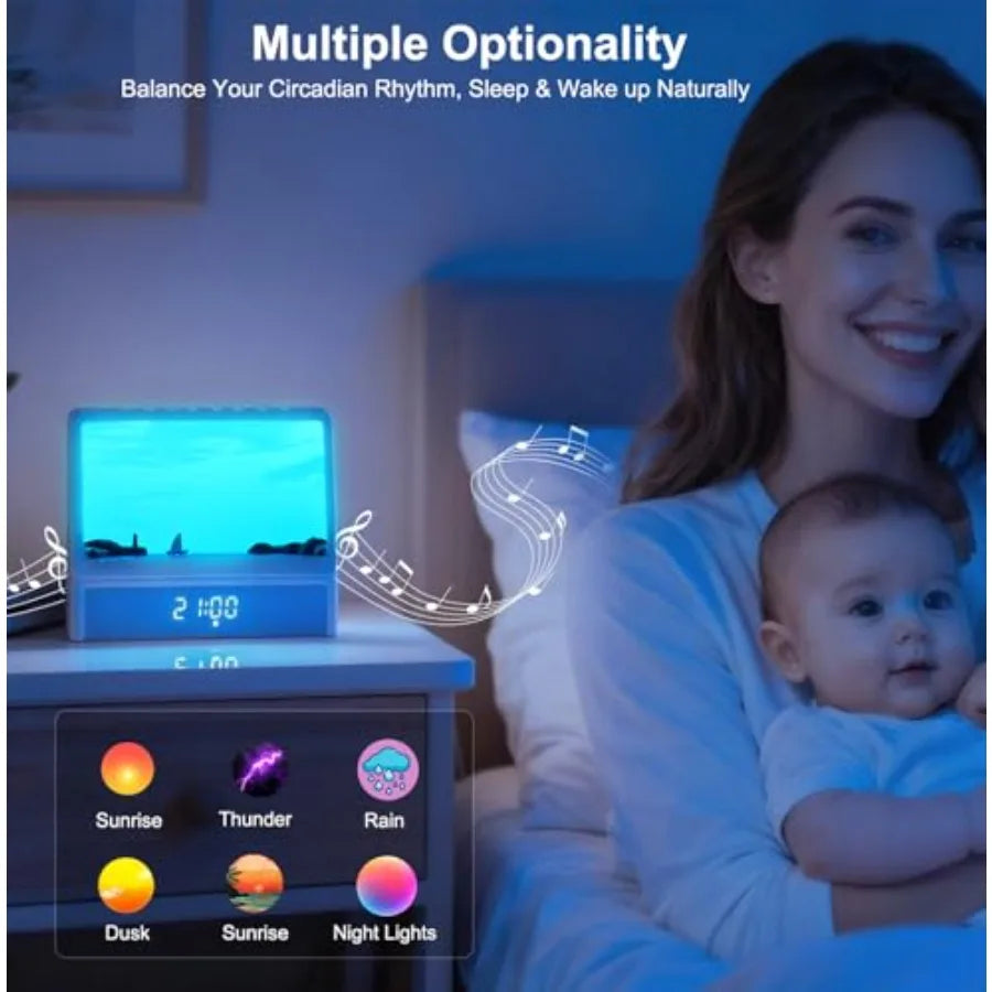 Despertador con Simulación de Amanecer para Dormitorios, Máquina de Ruido Blanco con Animación Creativa de Amanecer Simulado, 7 Modos, 12 Sonidos Naturales, Música