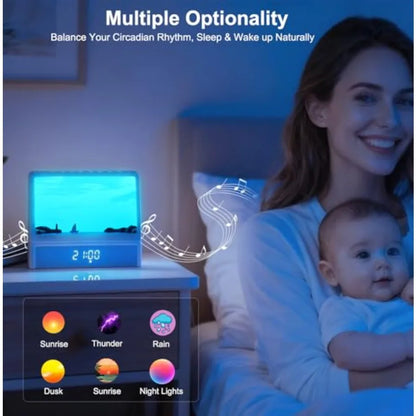 Despertador con Simulación de Amanecer para Dormitorios, Máquina de Ruido Blanco con Animación Creativa de Amanecer Simulado, 7 Modos, 12 Sonidos Naturales, Música