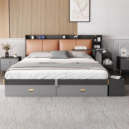 Cama Doble Ergonómica de Diseño Moderno y Glamuroso, con Espacio de Almacenamiento, Segura para Dormir, con Escritorio, Camas de Casal, Muebles de Hotel