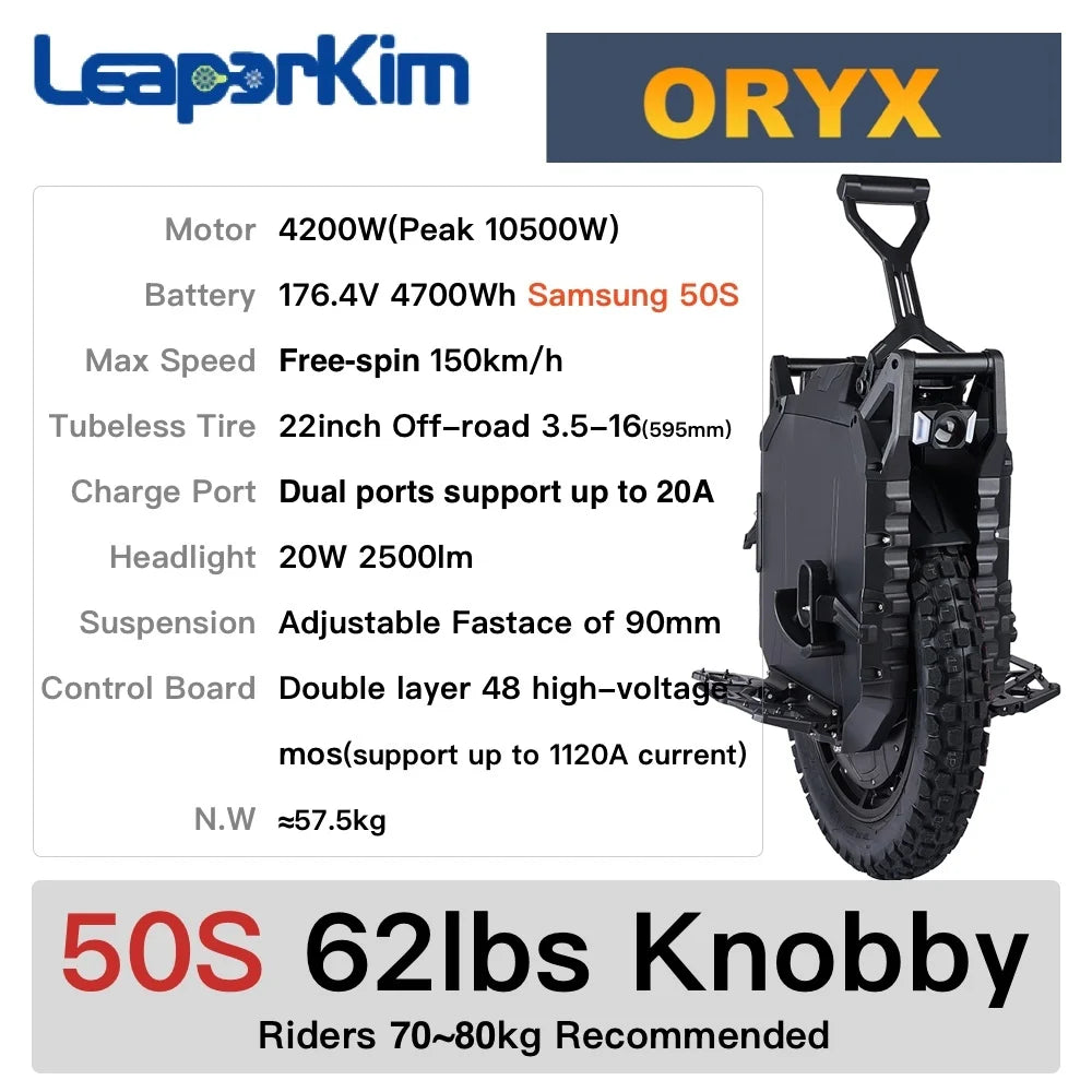 Leaperkim Oryx 176,4 V 4700Wh 50S batería 4200W Motor 22 pulgadas 90mm suspensión velocidad libre 150 km/h 25W faro IPX6 monociclo