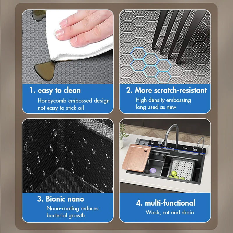 Fregadero de cocina de cascada de acero inoxidable 304, juego de grifería con pantalla Digital integrada de ranura única grande, dispensador de jabón, lavadora de tazas