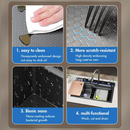 Fregadero de cocina de cascada de acero inoxidable 304, juego de grifería con pantalla Digital integrada de ranura única grande, dispensador de jabón, lavadora de tazas