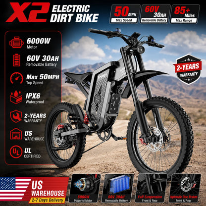 Motocicleta Eléctrica Todoterreno Freego X2, Motor de 6000W, Batería Extraíble de 60V 30Ah, Velocidad Máxima de 50 mph, Neumáticos de 19" x 2", Certificaciones UL