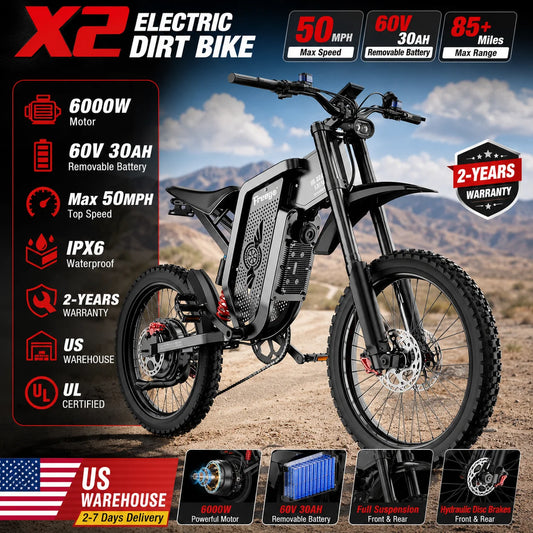 Motocicleta Eléctrica Todoterreno Freego X2, Motor de 6000W, Batería Extraíble de 60V 30Ah, Velocidad Máxima de 50 mph, Neumáticos de 19" x 2", Certificaciones UL