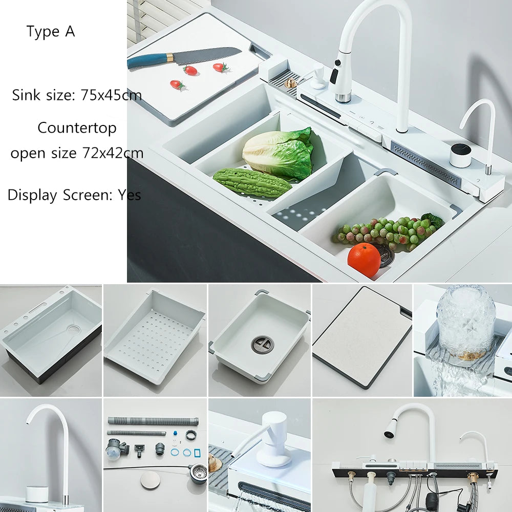 Juego de fregadero de cocina integrado con pantalla Digital inteligente dorada cepillada, purificador de agua de cascada/lluvia, dispensador de jabón, lavadora de tazas