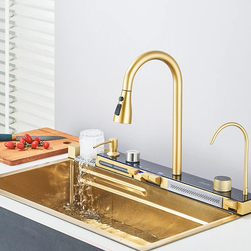 Juego de fregadero de cocina integrado con pantalla Digital inteligente dorada cepillada, purificador de agua de cascada/lluvia, dispensador de jabón, lavadora de tazas