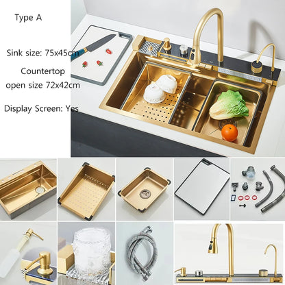 Fregadero de cocina de cascada de acero inoxidable 304, juego de grifería con pantalla Digital integrada de ranura única grande, dispensador de jabón, lavadora de tazas