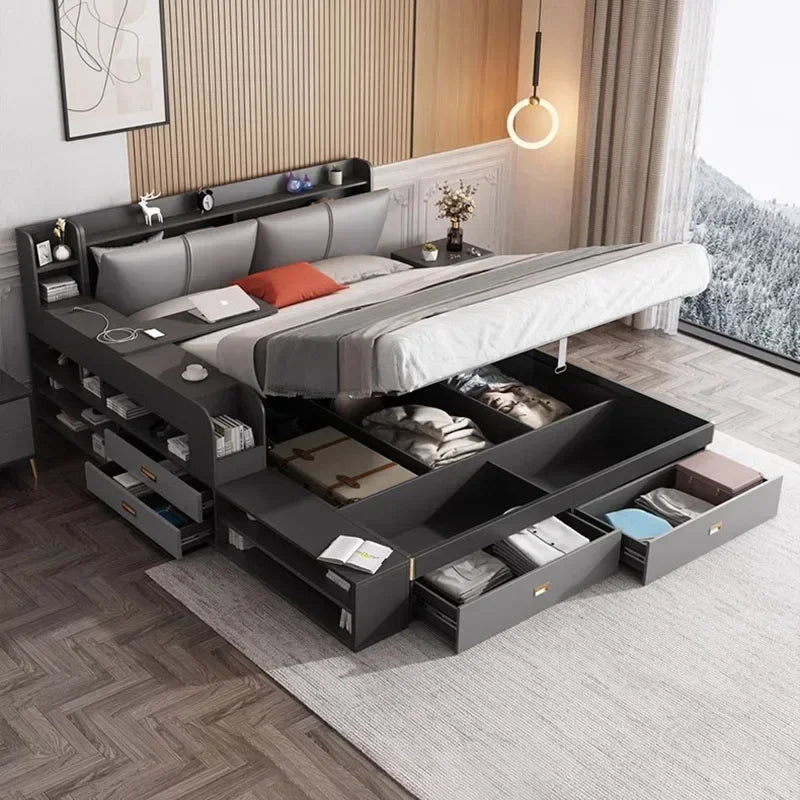 Cama Doble Ergonómica de Diseño Moderno y Glamuroso, con Espacio de Almacenamiento, Segura para Dormir, con Escritorio, Camas de Casal, Muebles de Hotel