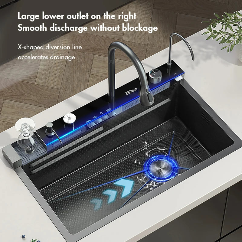 Fregadero de cocina de cascada de acero inoxidable 304, juego de grifería con pantalla Digital integrada de ranura única grande, dispensador de jabón, lavadora de tazas