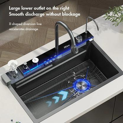 Fregadero de cocina de cascada de acero inoxidable 304, juego de grifería con pantalla Digital integrada de ranura única grande, dispensador de jabón, lavadora de tazas
