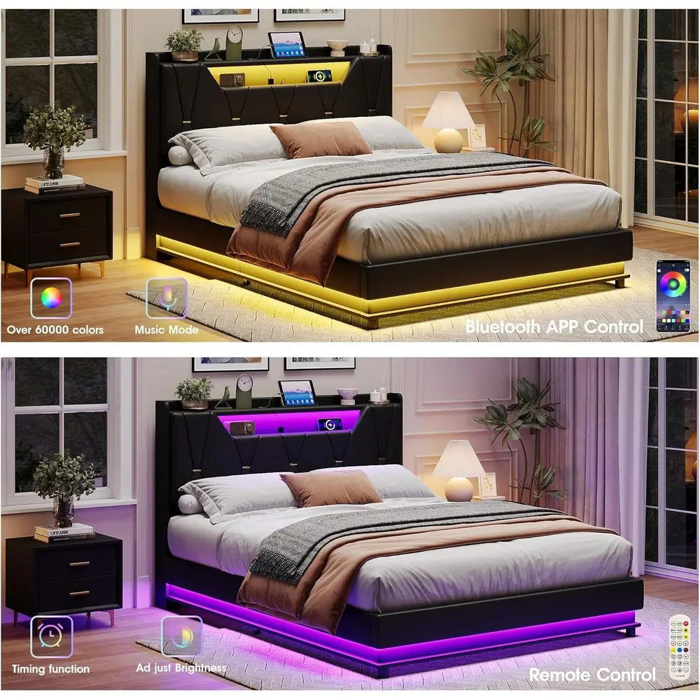 Cama con Almacenamiento Iluminada con Estación de Carga, Luces LED, Diseño de Plataforma Tapizada, No Requiere Somier, Funcionamiento Silencioso